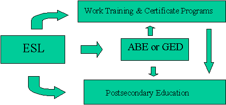 This graph shows transition paths for adult English Language learners: to  training programs, ABE or GED, or to postsecondary education.